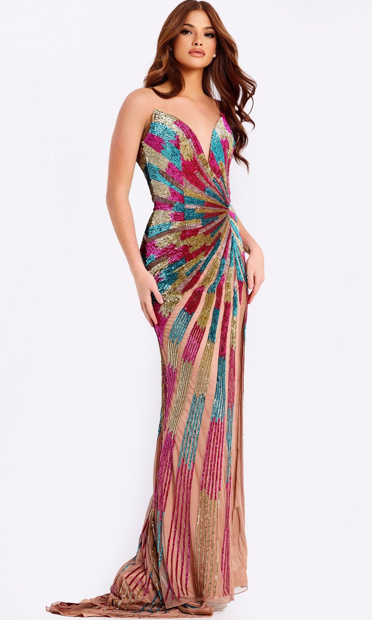 A woman in the Jovani 47832 long prom dress, sleeveless and floor-length with a plunging neckline, features nude/multi colors and glittering geometric patterns.